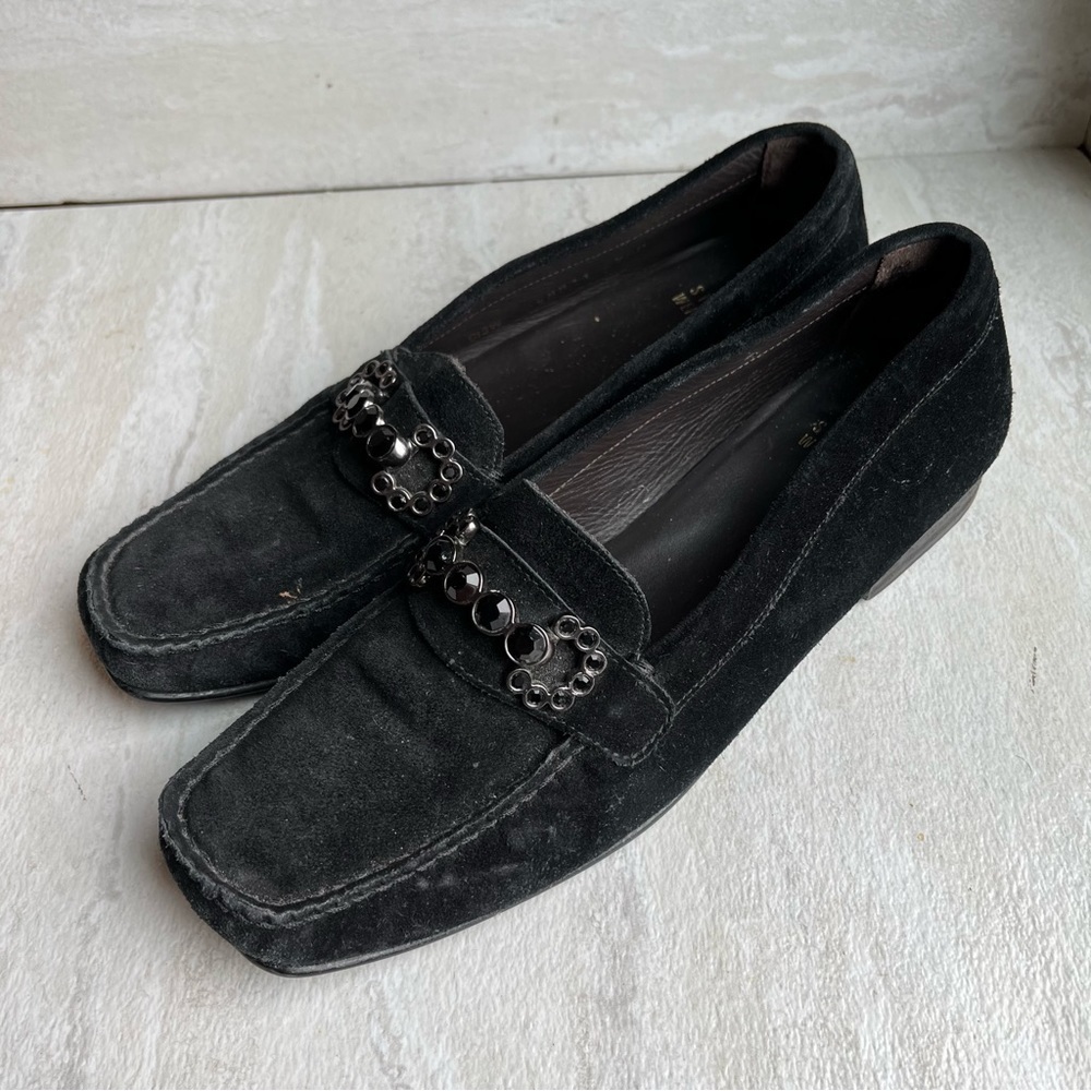** Stuart Weitzman Driving Loafers Black Leather Size 7.5 Crystal Embellished
